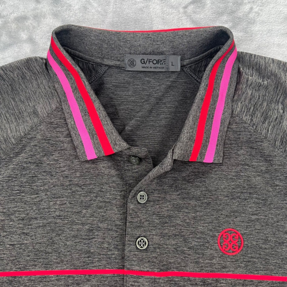 G/FORE Mens L Gray Pink Striped Short Sleeve Golf Polo Shirt Twin Creeks Logo